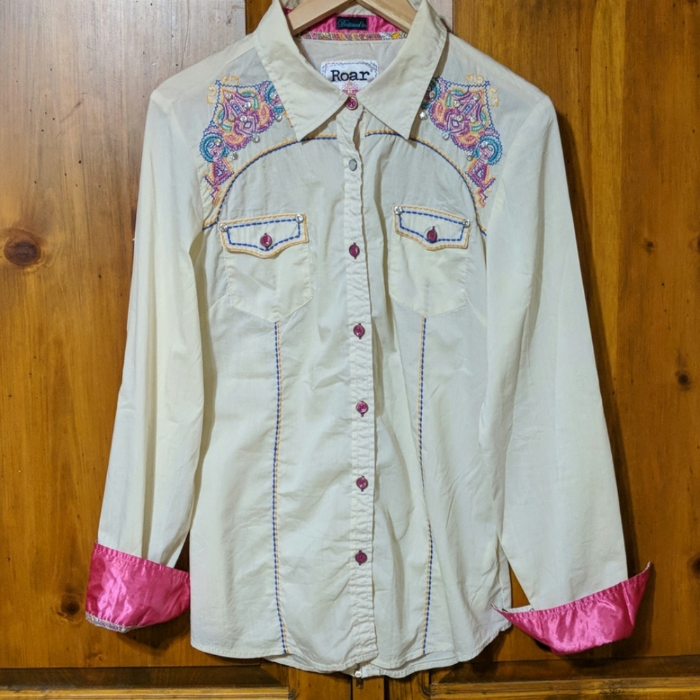 Roar Embellished Western Shirt Button Down Size L
